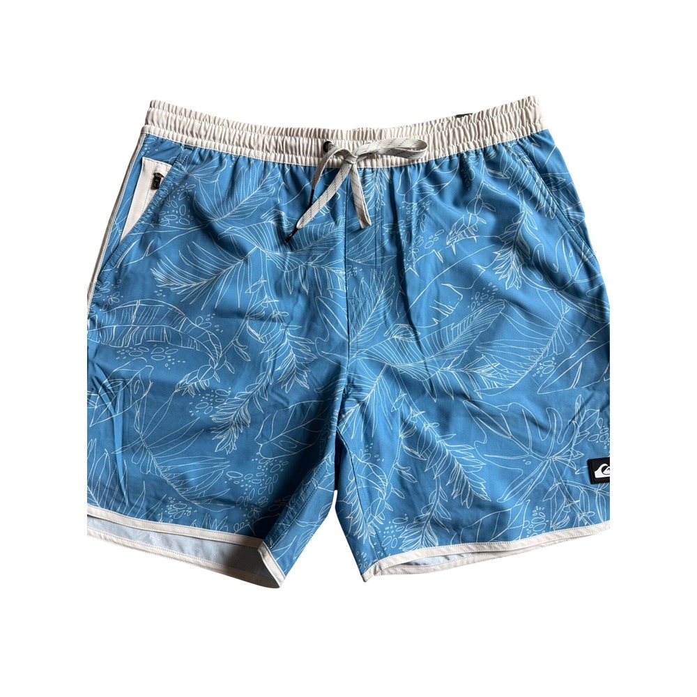 Quiksilver Mens Swim Trunk Blue White Tropical Leaf Print 7 Inch Inseam QS001012
